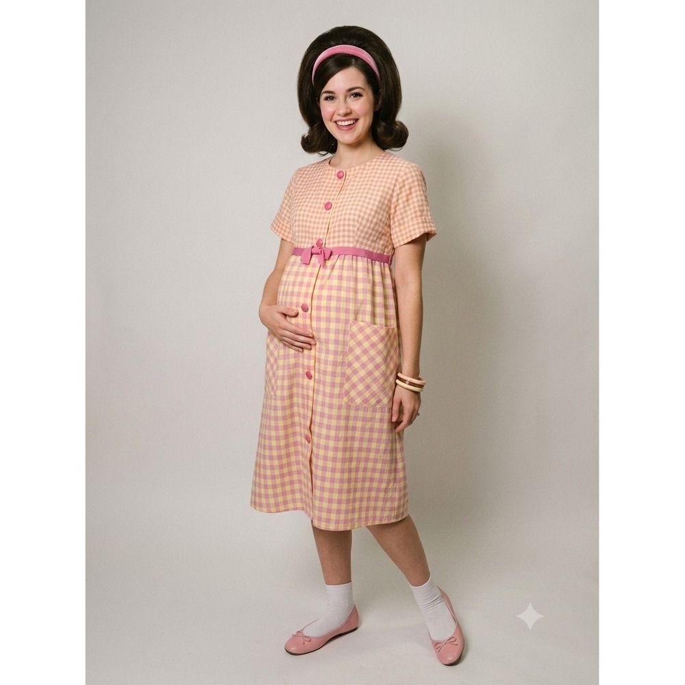 Vintage 50s 60s Gingham Maternity House‎ Dress Pink Yellow Checkered Cotton 12